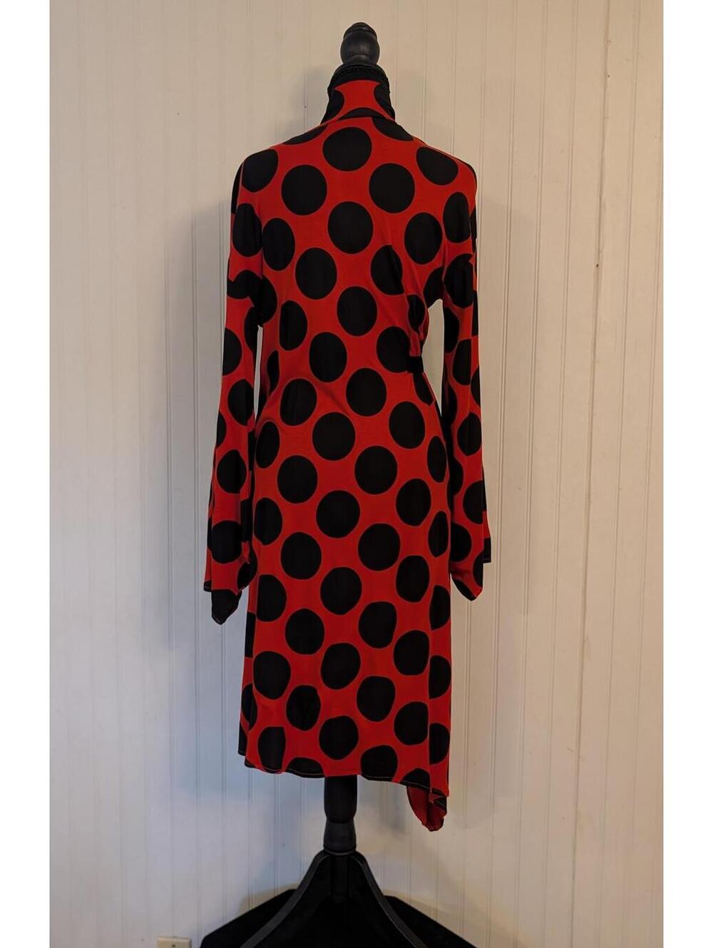Zara Red Black Polka Dot Long Sleeve Dress with Bow Tie Neck Size S - Picture 2 of 9